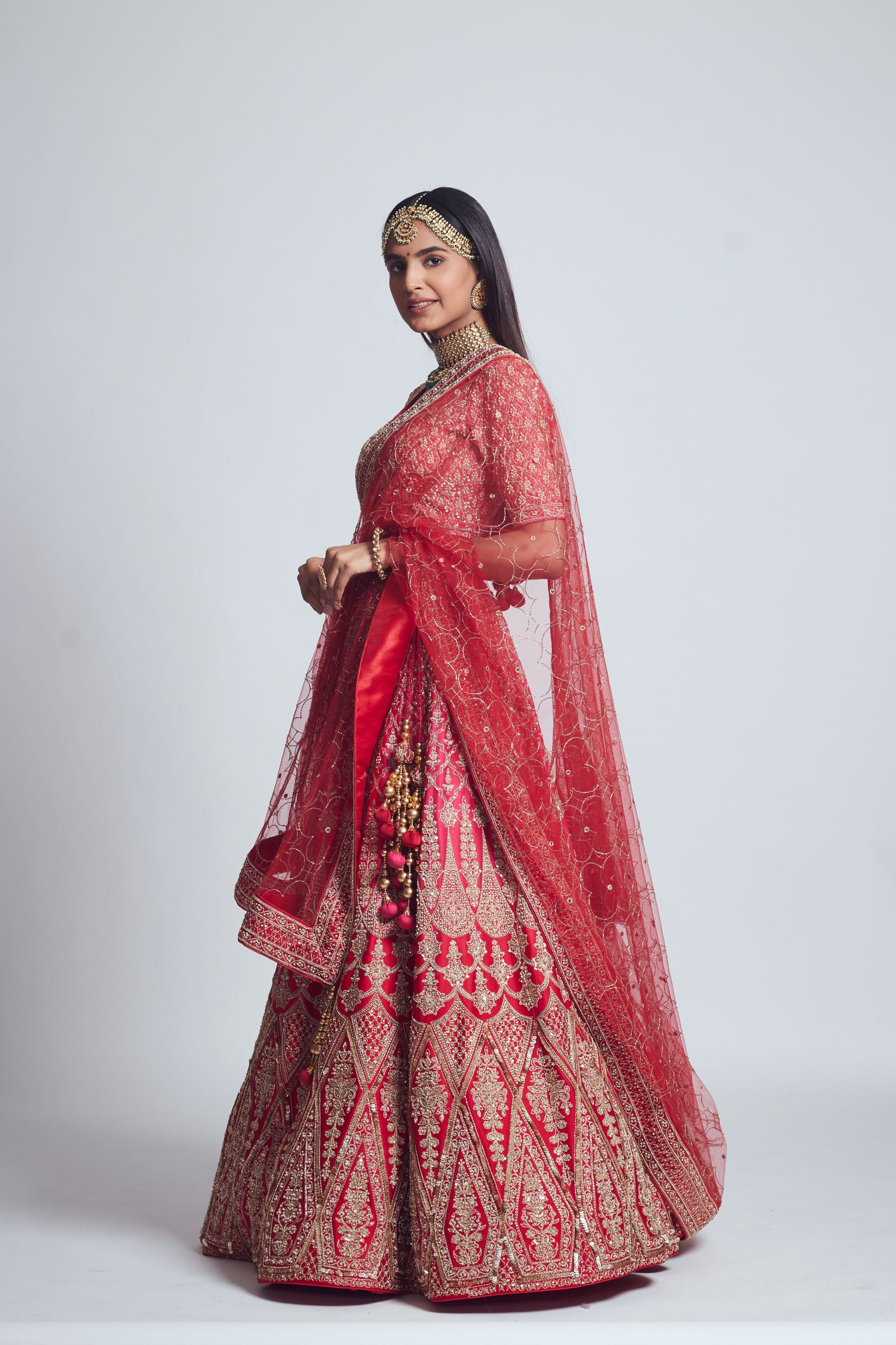 Pakeezah- Crimson red Dabka and Zardozi embroidered lehenga