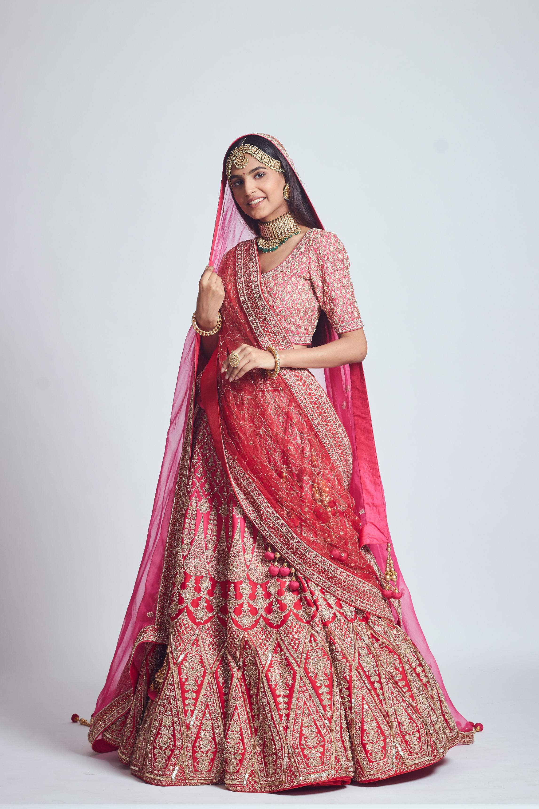 Pakeezah- Crimson red Dabka and Zardozi embroidered lehenga