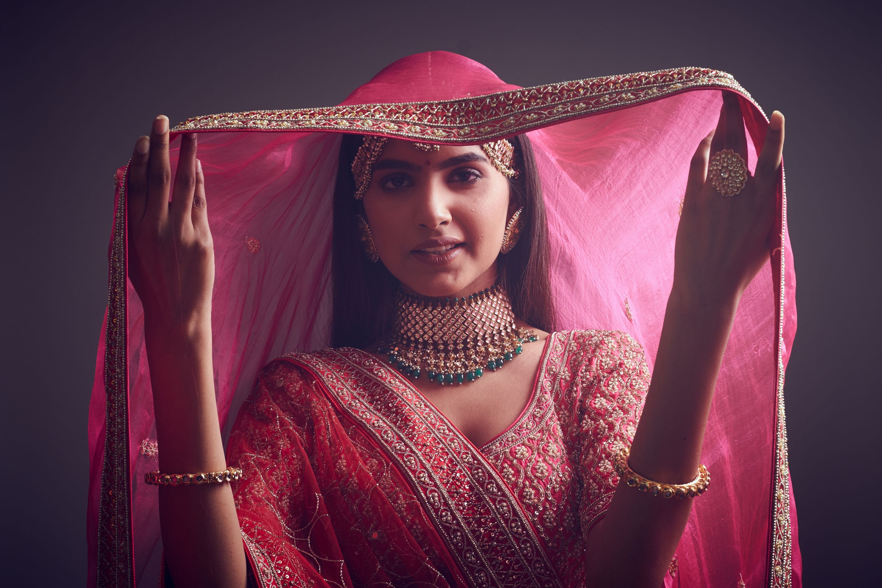 Pakeezah- Crimson red Dabka and Zardozi embroidered lehenga