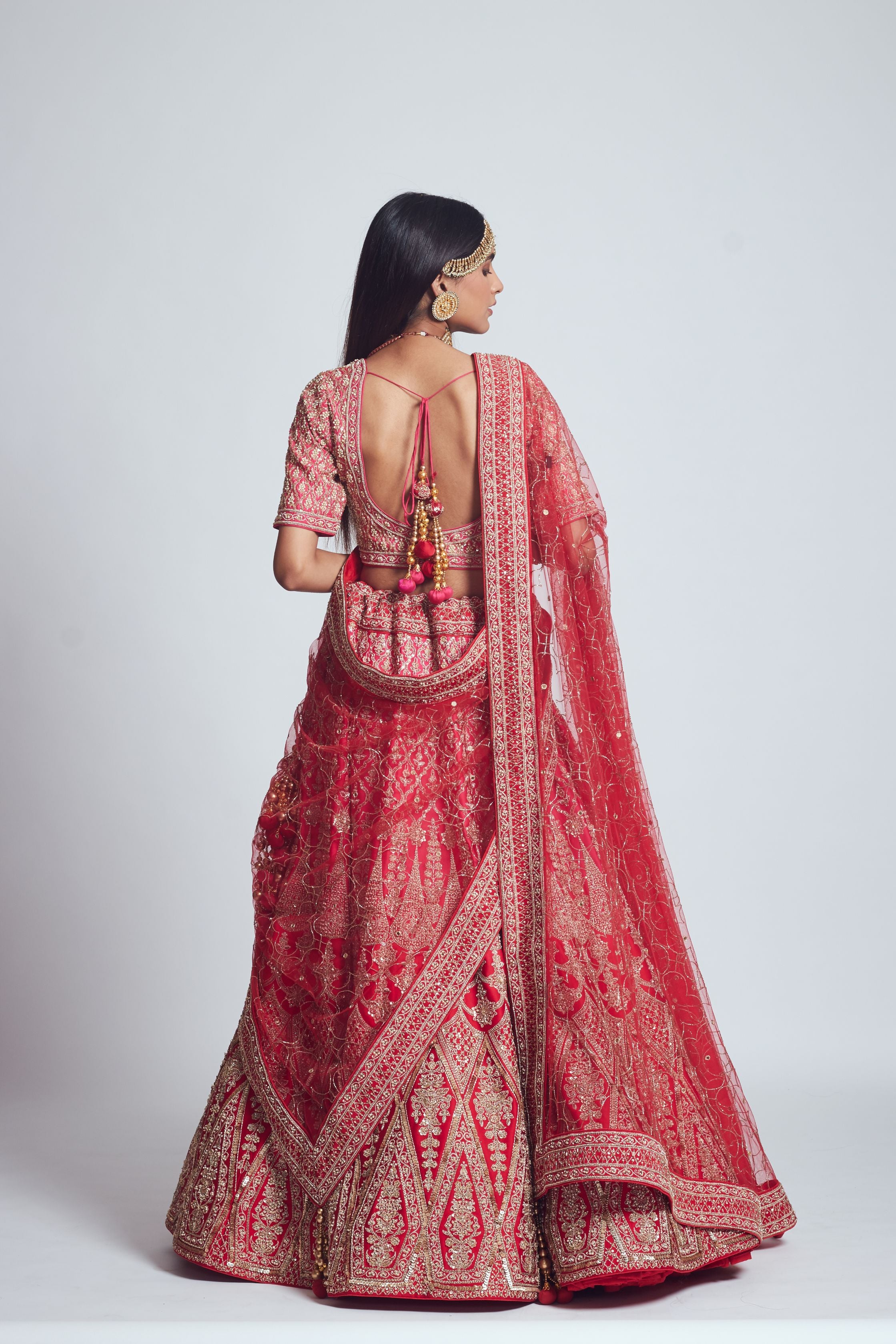 Pakeezah- Crimson red Dabka and Zardozi embroidered lehenga