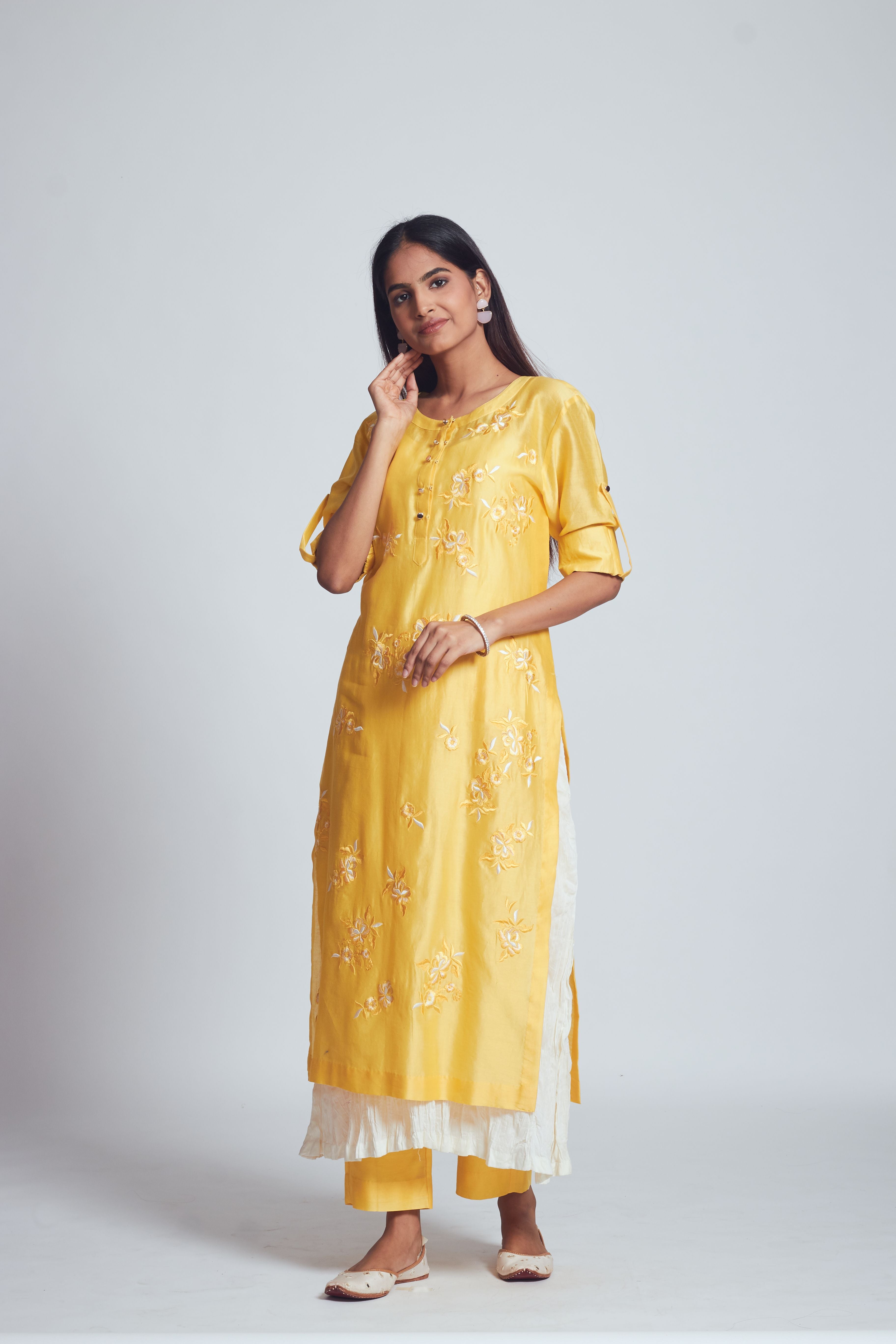 Fazna - Lemony Yellow Silk Embroidered Set