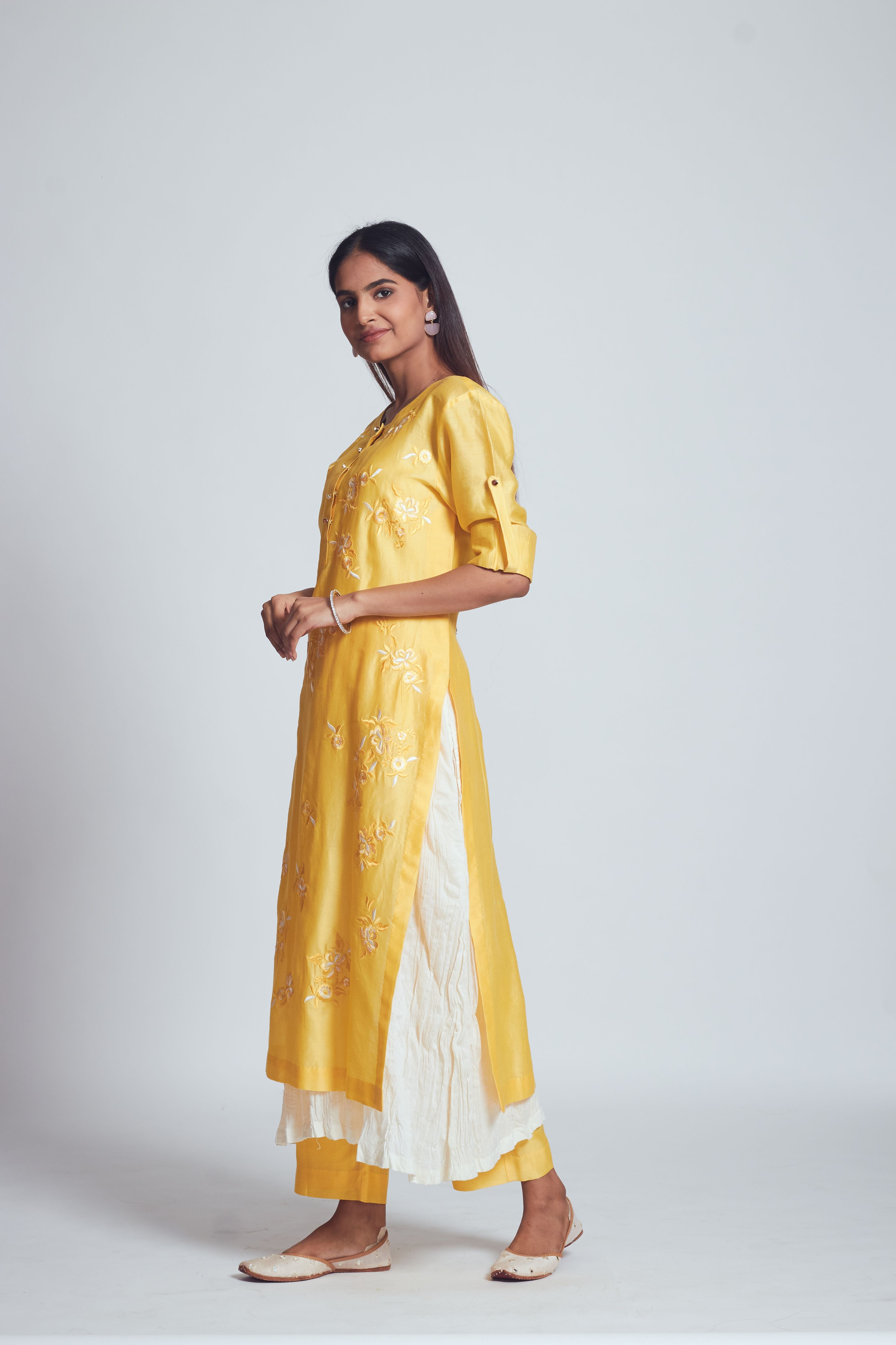 Fazna - Lemony Yellow Silk Embroidered Set