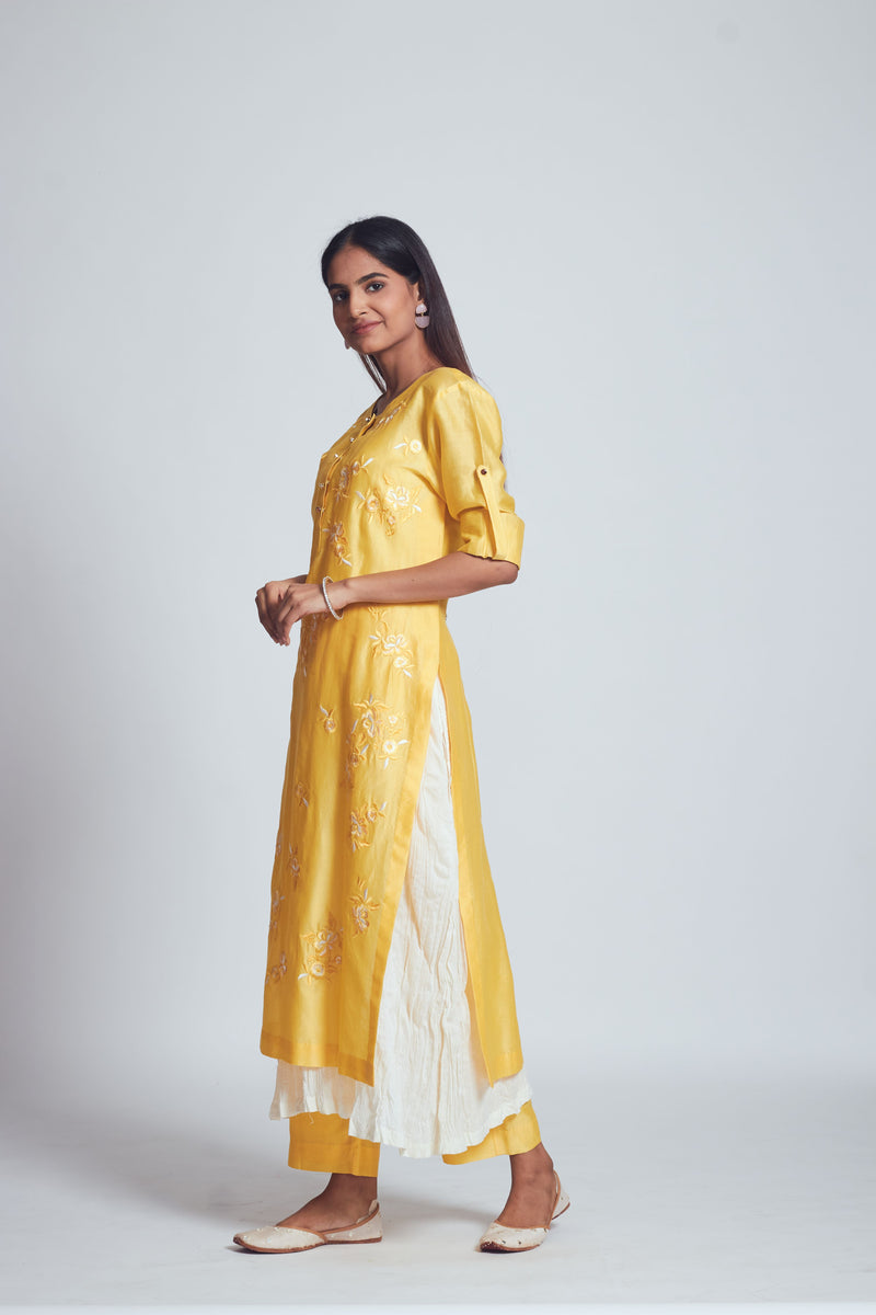 Fazna - Lemony Yellow Silk Embroidered Set