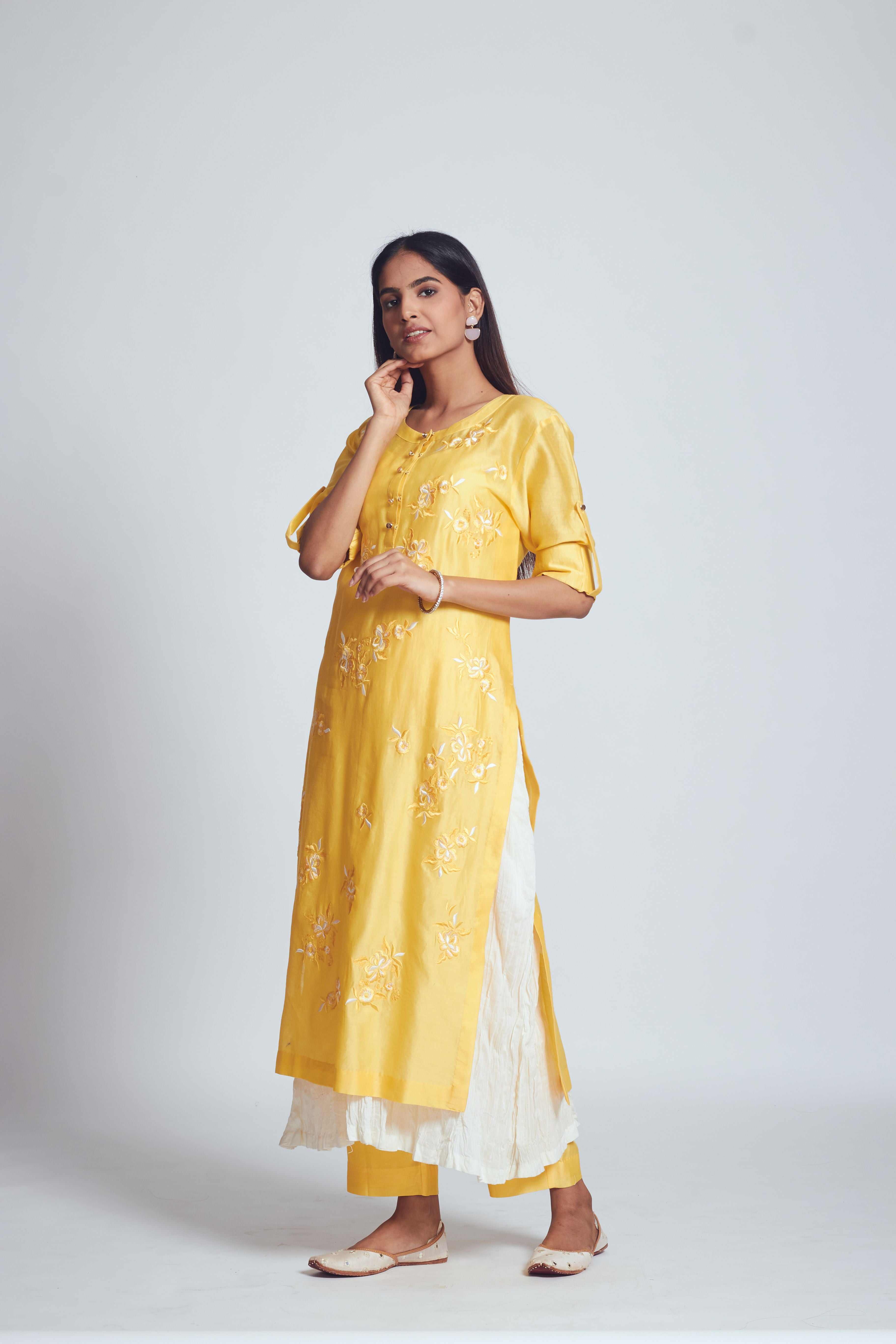 Fazna - Lemony Yellow Silk Embroidered Set