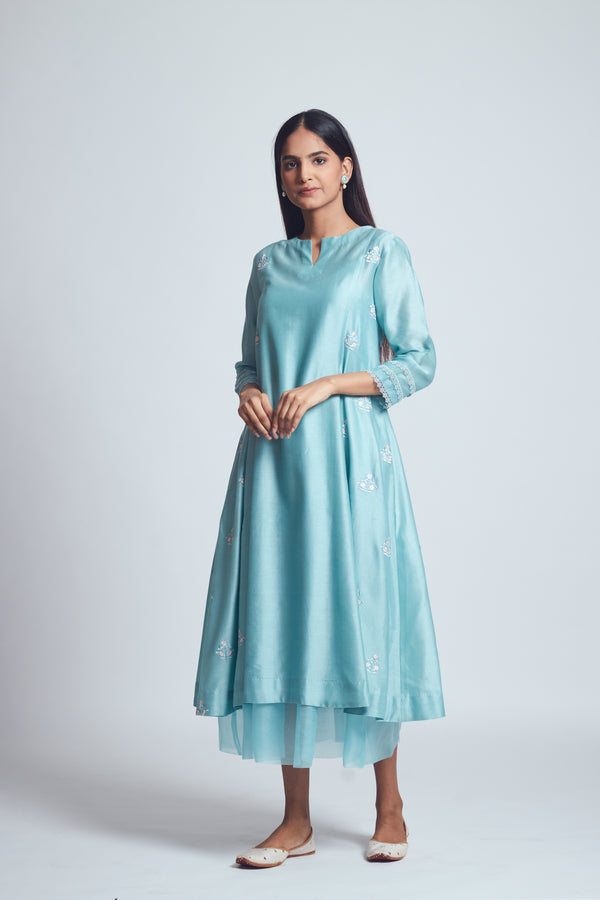 Amna- Teal blue twin layer summer dress