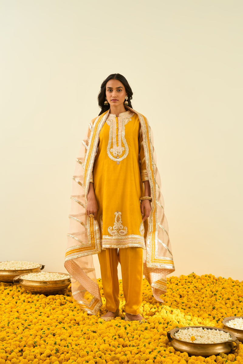 Sadiyah- Glaze Mustard Princess Cut Kurta with Salwar and Dupatta