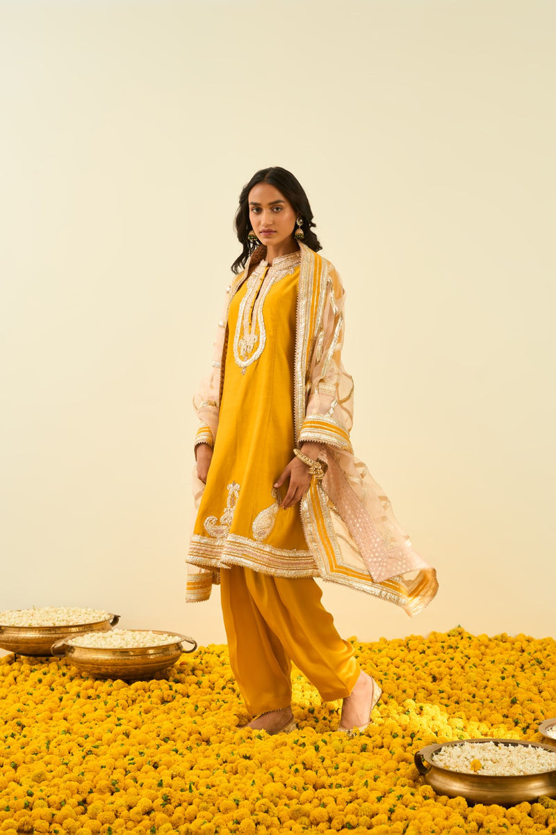 Sadiyah- Glaze Mustard Princess Cut Kurta with Salwar and Dupatta