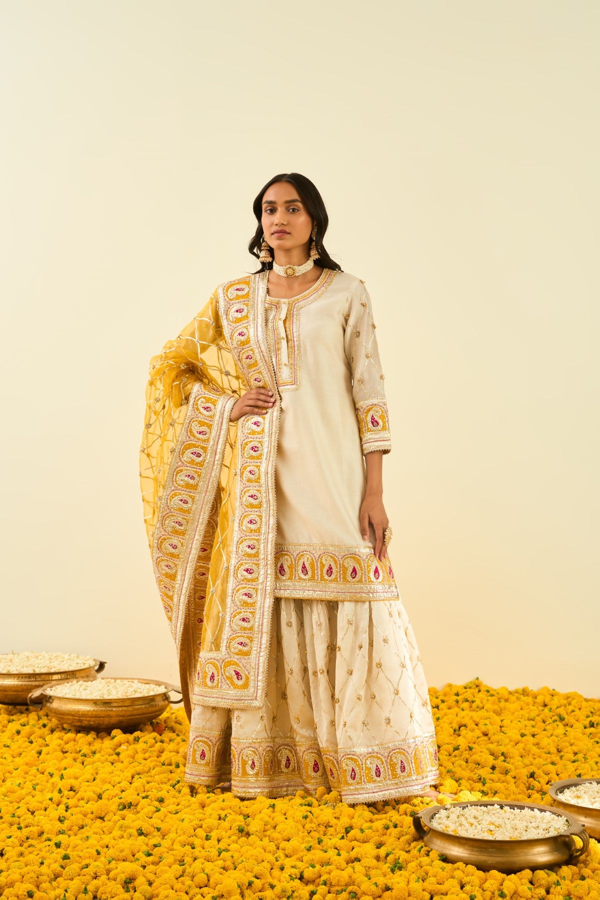 Shabina- Daisy Ivory  short kurta with garara and dupatta