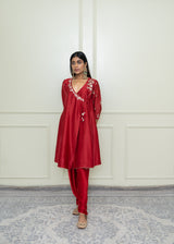 Shafira-Scarlet Red Tilla Embroidered Angrakha Kurta Set
