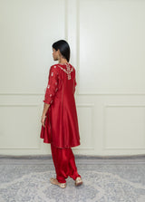 Shafira-Scarlet Red Tilla Embroidered Angrakha Kurta Set