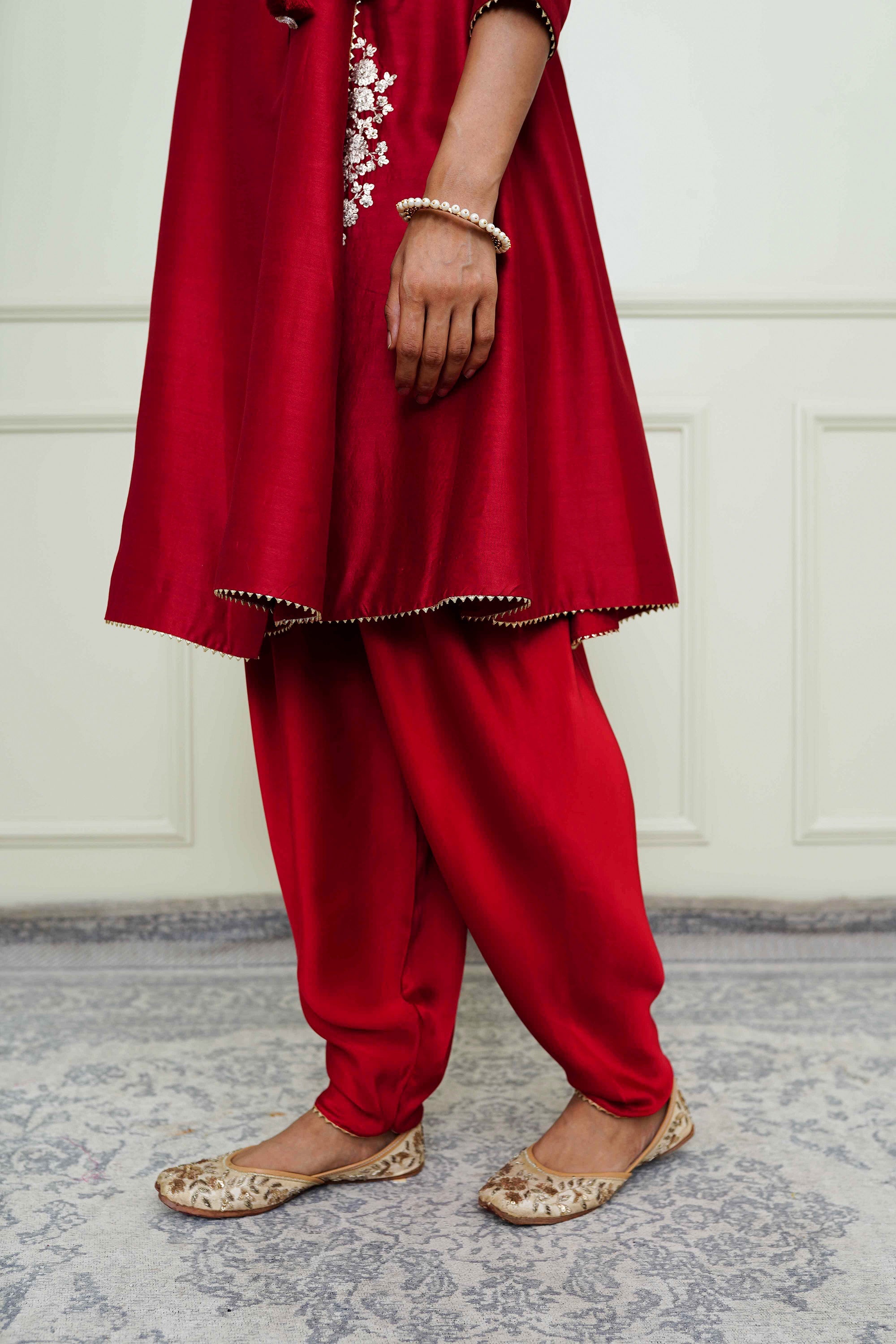 Shafira-Scarlet Red Tilla Embroidered Angrakha Kurta Set