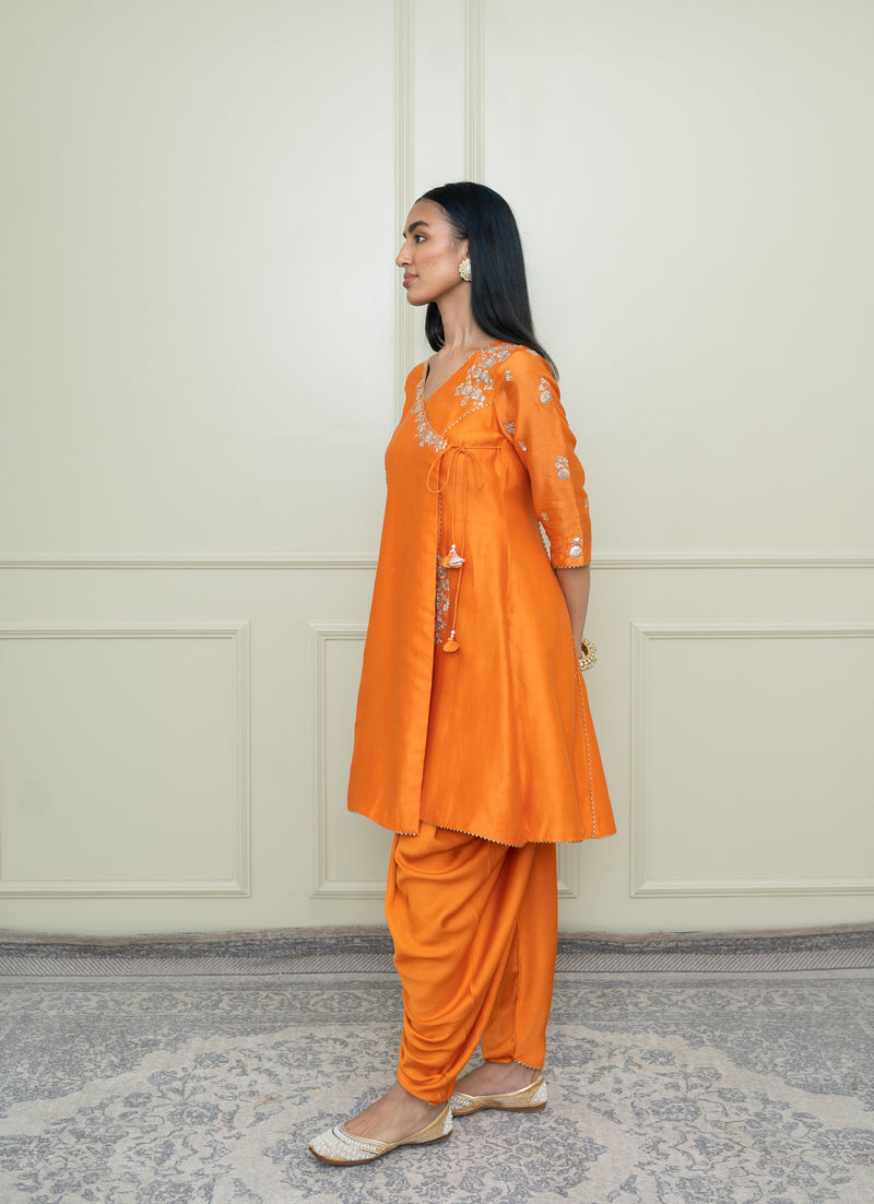 Shafira- Pumpkin Orange Tilla Embroidered Angrakha Kurta Set
