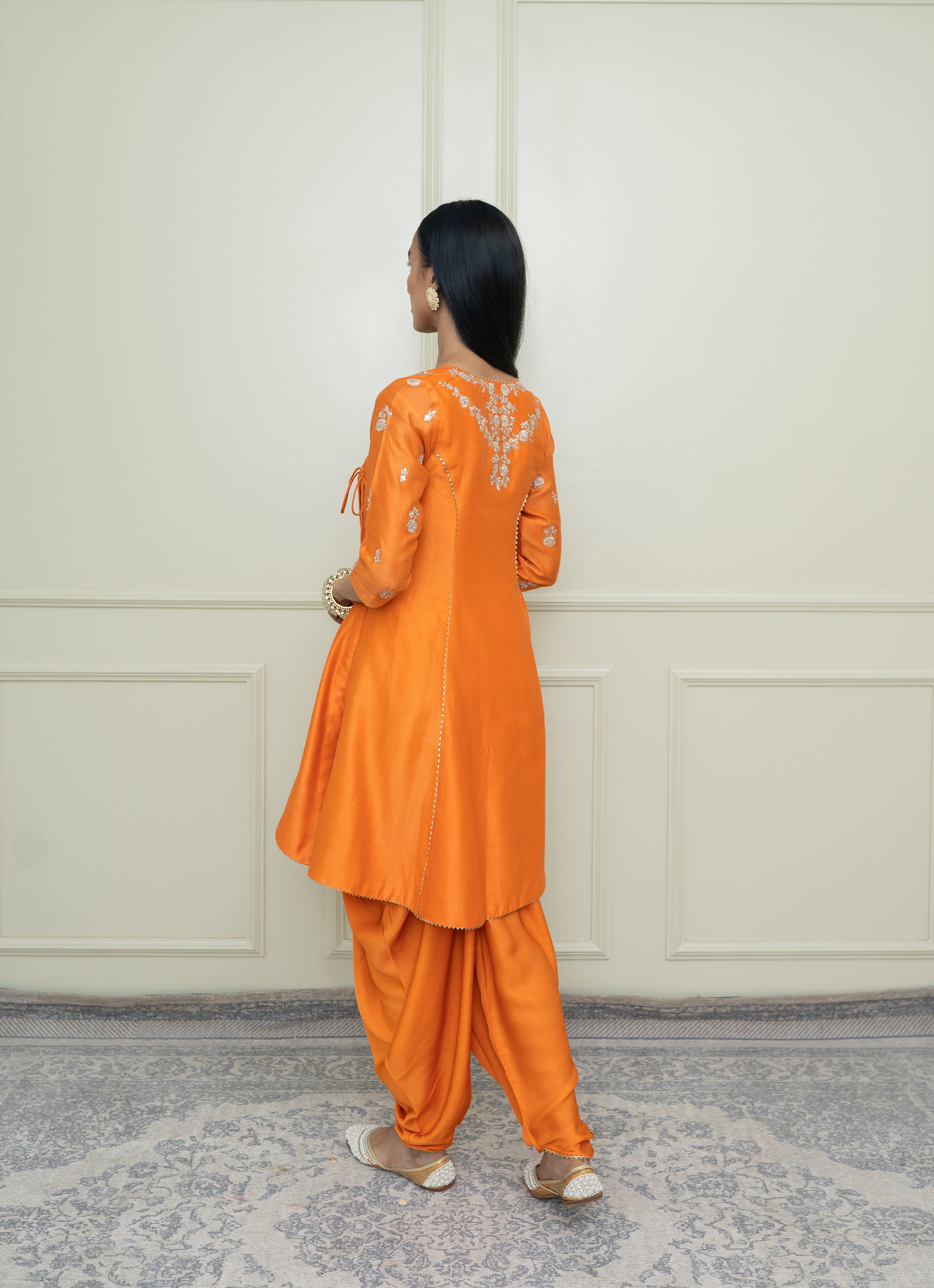 Shafira- Pumpkin Orange Tilla Embroidered Angrakha Kurta Set