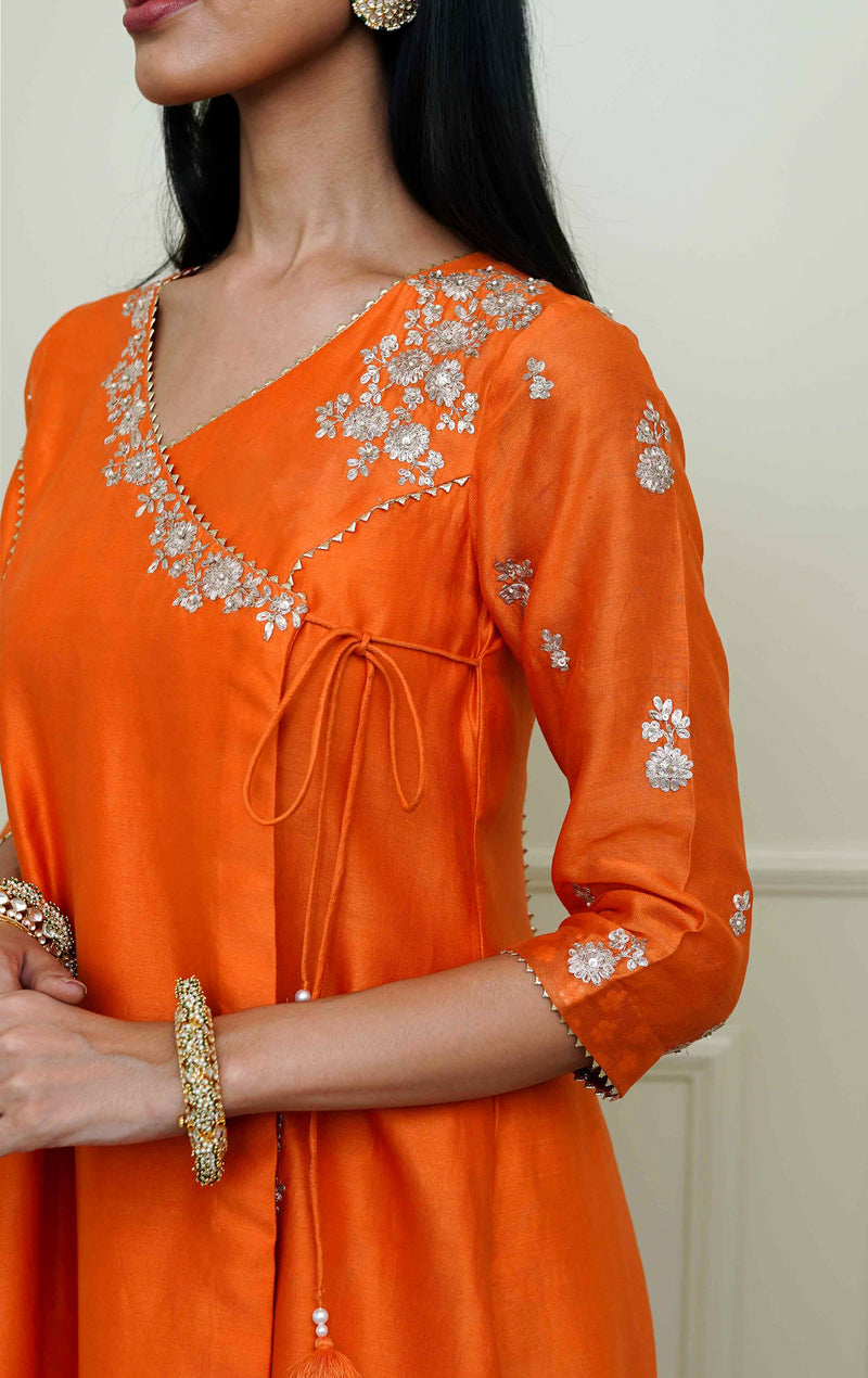 Shafira- Pumpkin Orange Tilla Embroidered Angrakha Kurta Set