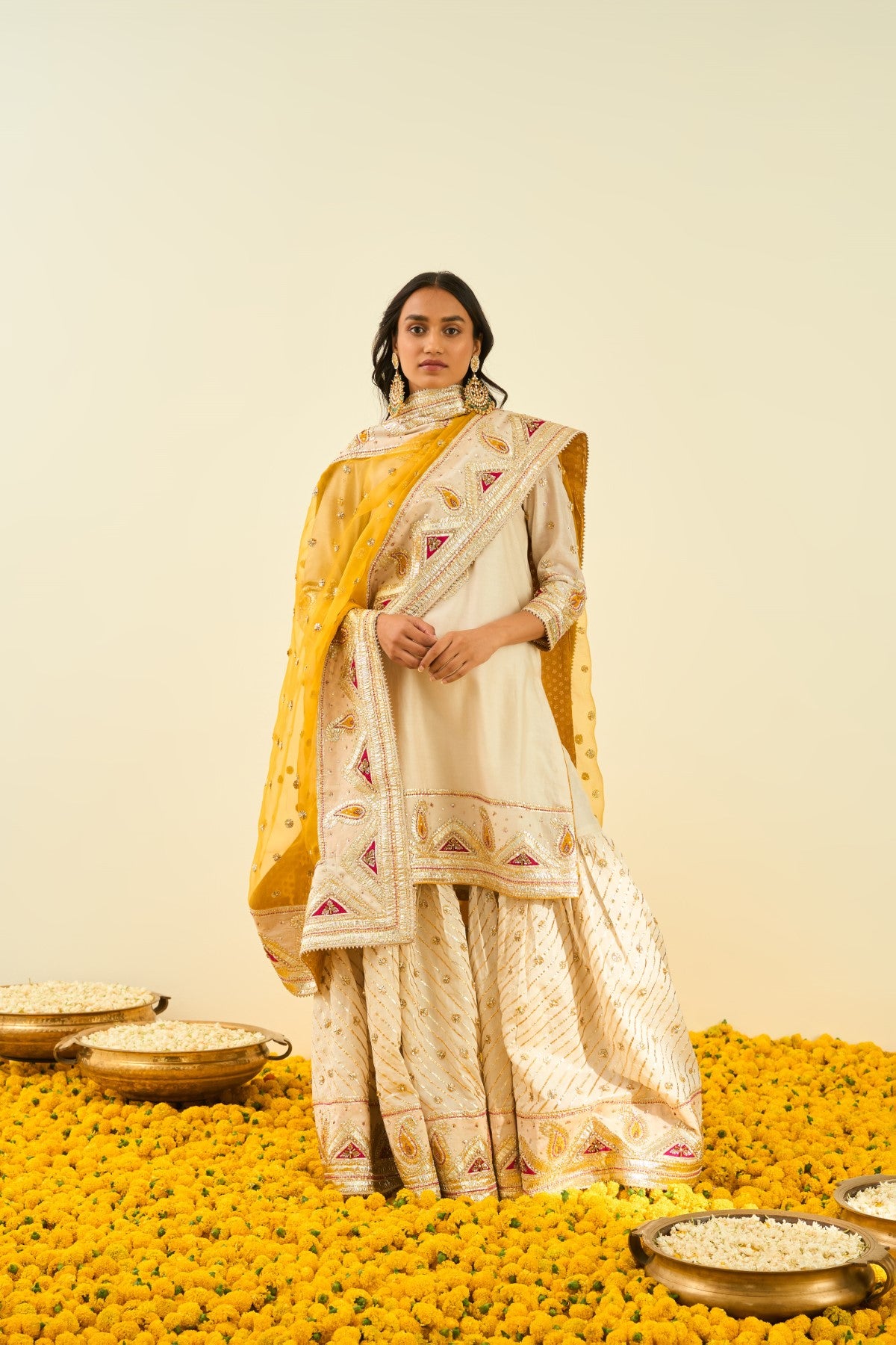 Shafna Daisy Ivory short kurta with garara and dupatta