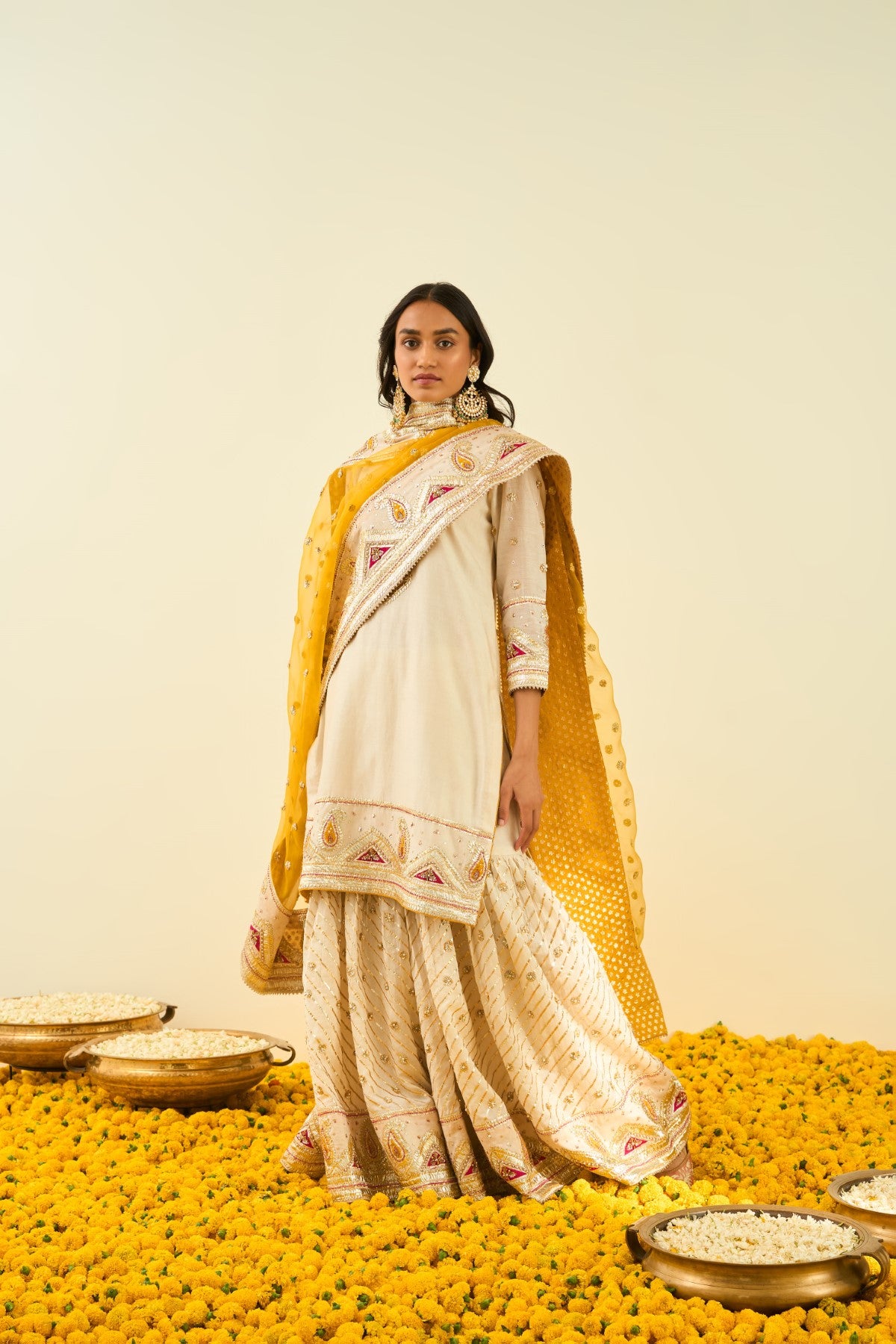 Shafna Daisy Ivory short kurta with garara and dupatta