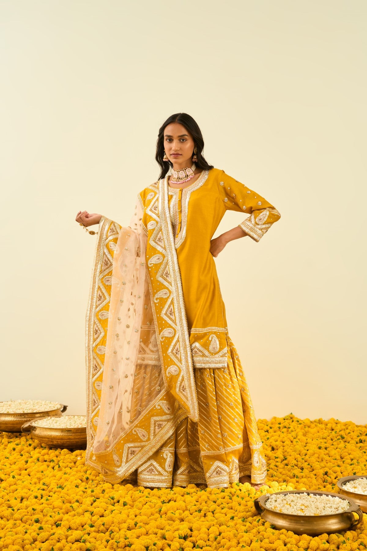 Shafna- Glaze Mustard  short kurta with garara and dupatta