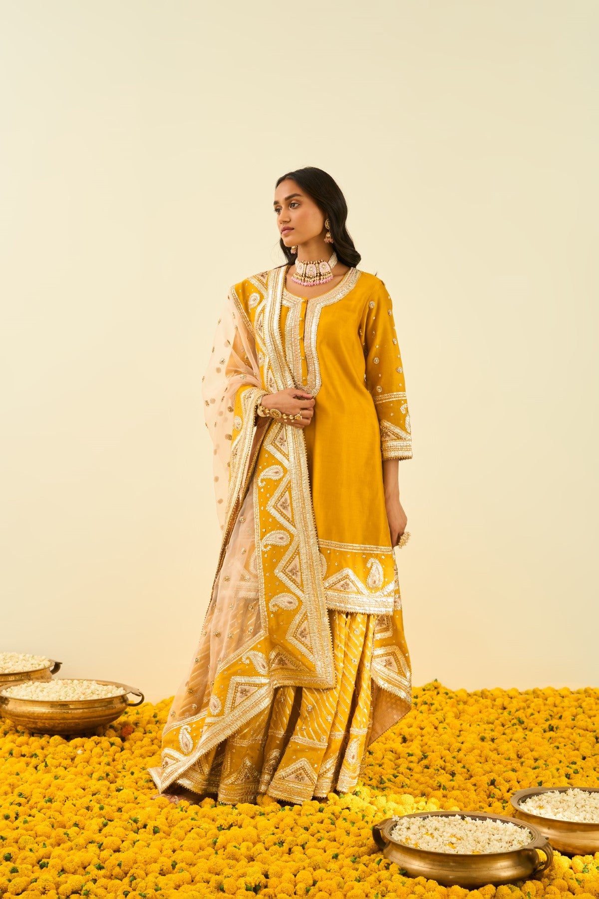 Shafna- Glaze Mustard  short kurta with garara and dupatta