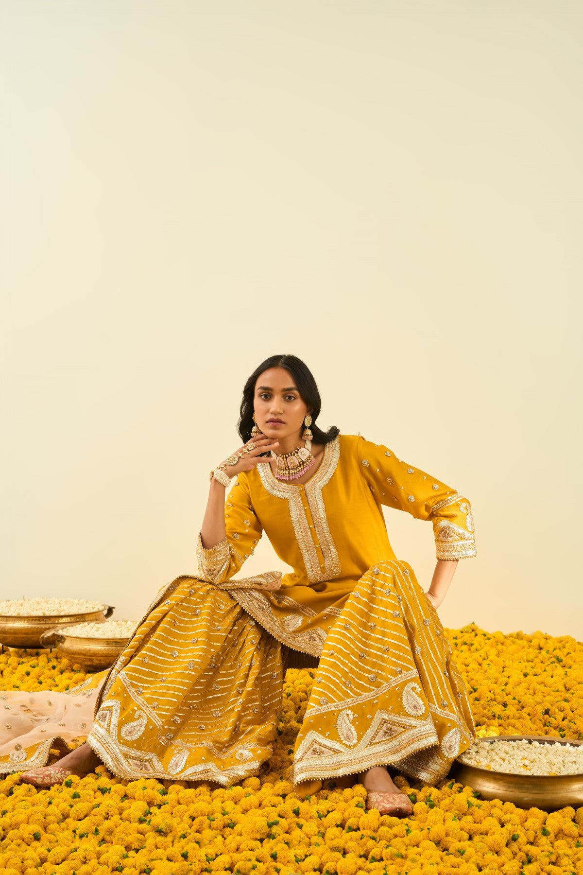 Shafna- Glaze Mustard  short kurta with garara and dupatta