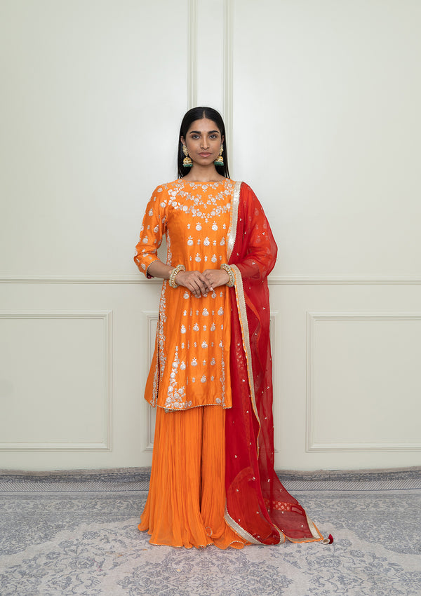 Shahira-Pumpkin Orange Tilla Embroidered Kurta Set
