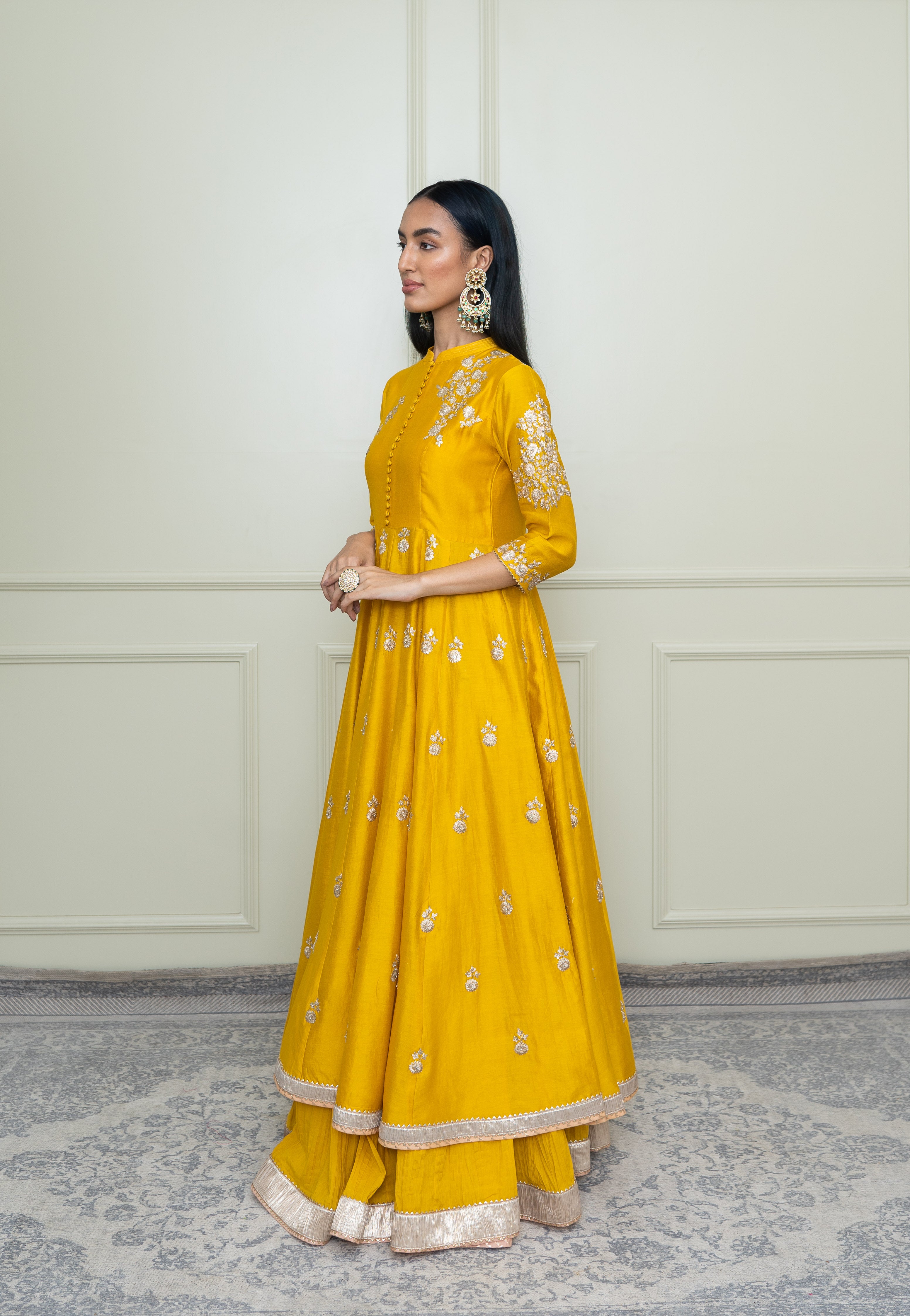 Taveshi-Glaze Mustard Pearl Embroidered Anarkali Set