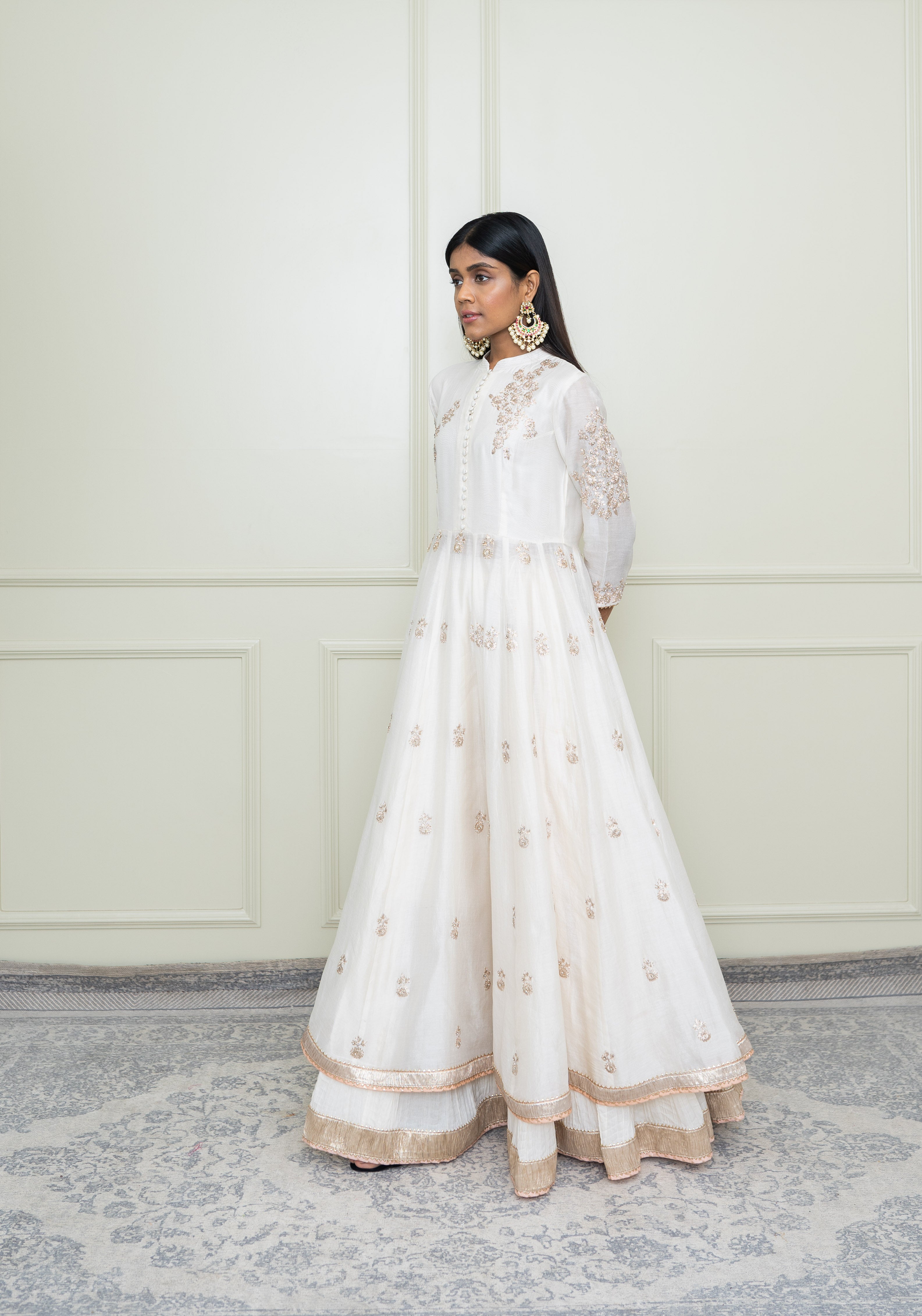 Taveshi-Daisy Ivory Pearl Embroidered Anarkali Set