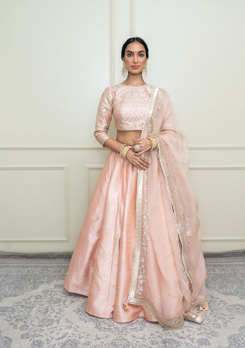 Aafiyah-Pearl Pink Tilla Embroidered Lehenga Set