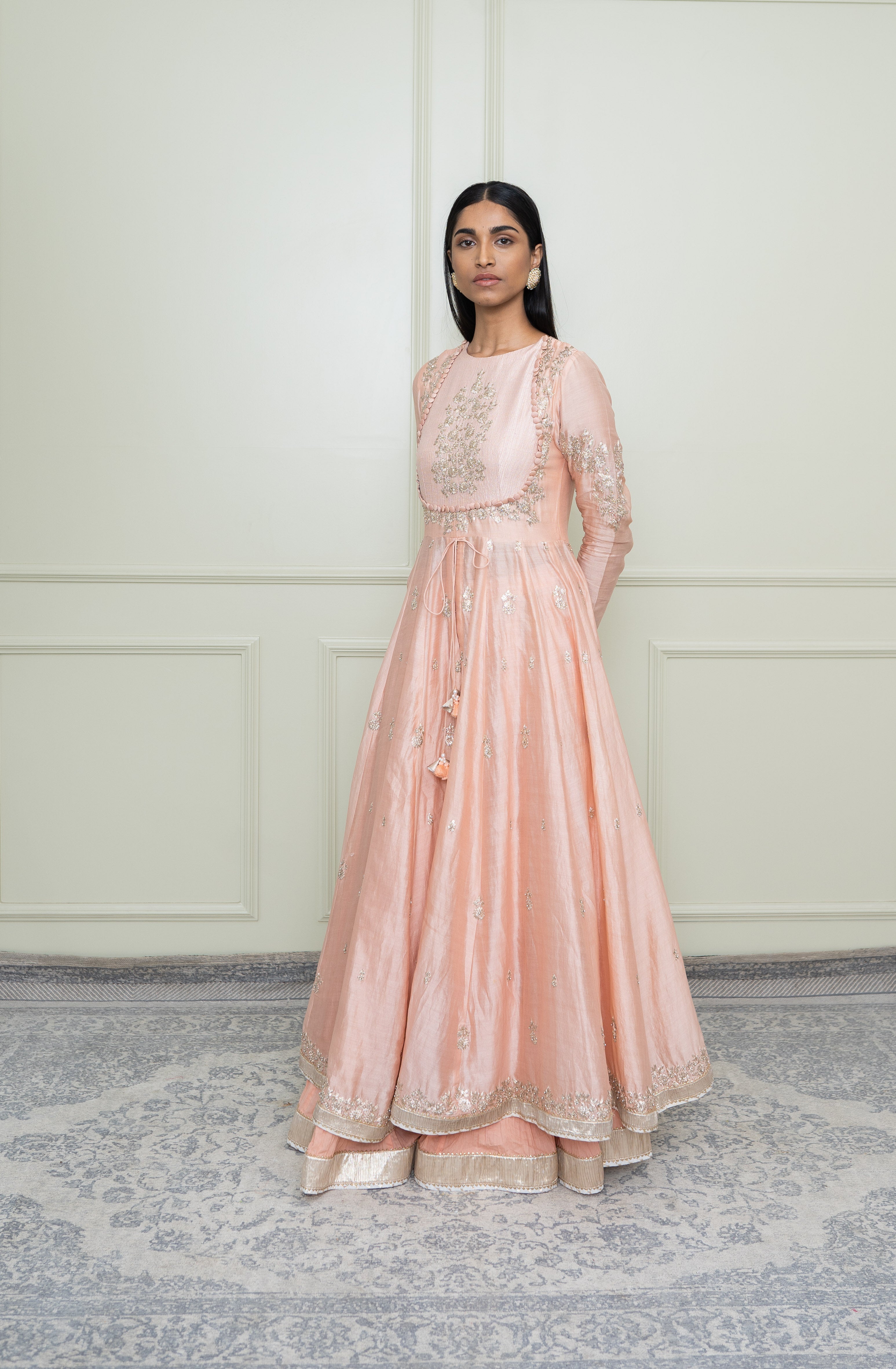 Taarini-Pearl Pink Tilla Embroidered Anarkali Set